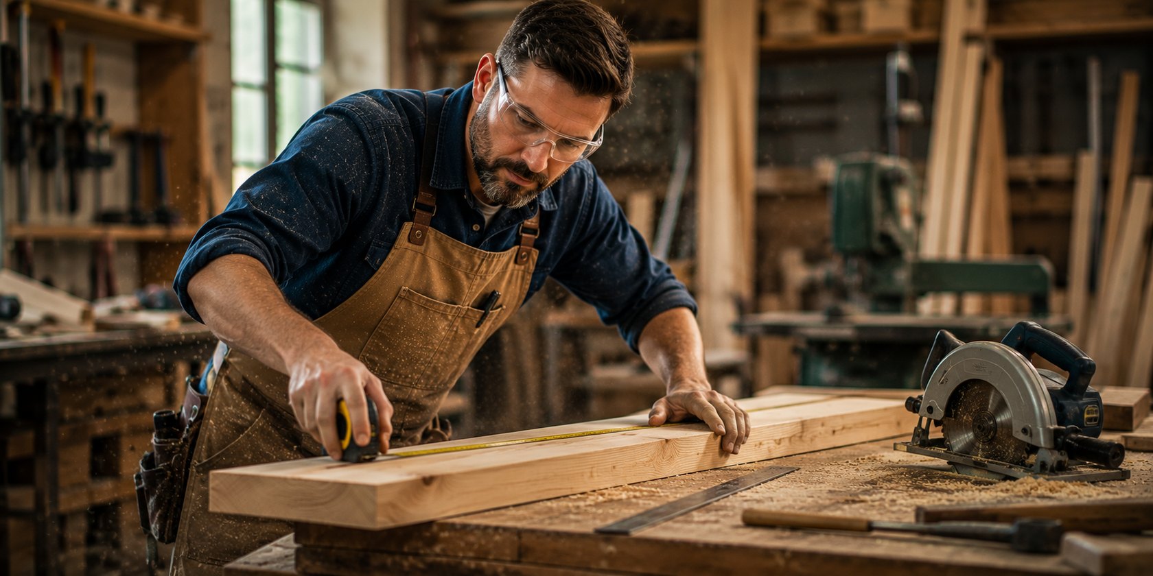 A carpenter measuring lumber